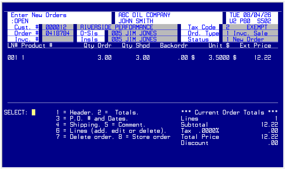 The Alta order entry screen on a Unix terminal: character-cell fields for customer, order and invoice numbers over a line-item list.