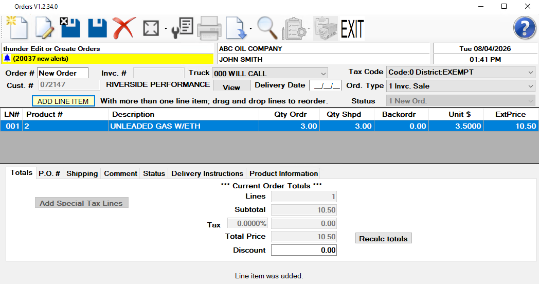 The Alta order entry screen: an open order with line items, tax code, delivery date and running totals.